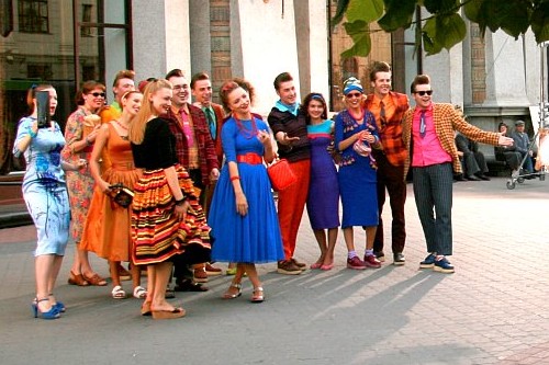 A group of actors dressed as stilyagi