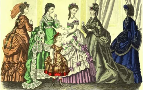 Bustle and polonaise styles on display, showcasing popular fashion silhouettes from the late 19th century