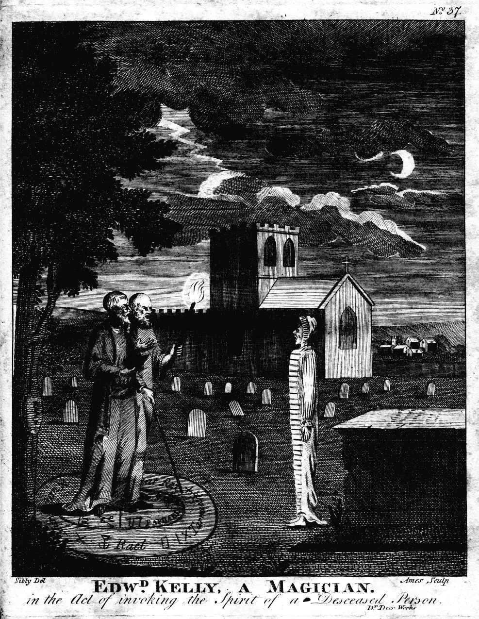 An 1806 engraving of Edward Kelley, known for his work with Dr. John Dee, shown invoking the spirit of a deceased person. Originally published in Astrology: A New and Complete Illustration of the Occult Sciences by Ebenezer Sibly.