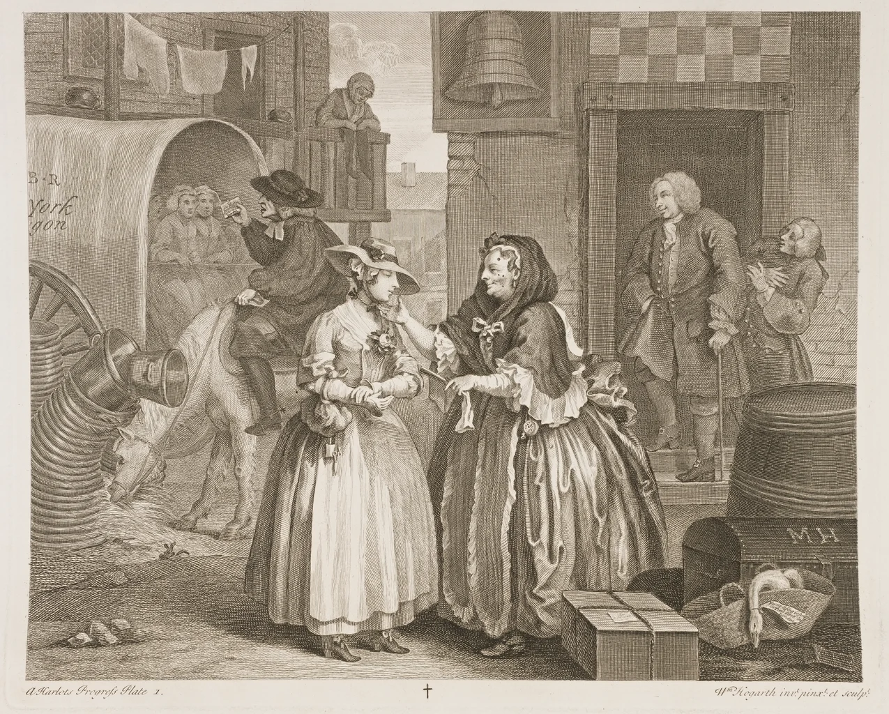 William Hogarth’s A Harlot’s Progress, Plate 1 (1732), shows the young Molly arriving in London. Brothel keeper Elizabeth Needham gestures from the right, while figures like Colonel Francis Charteris lurk in the background.