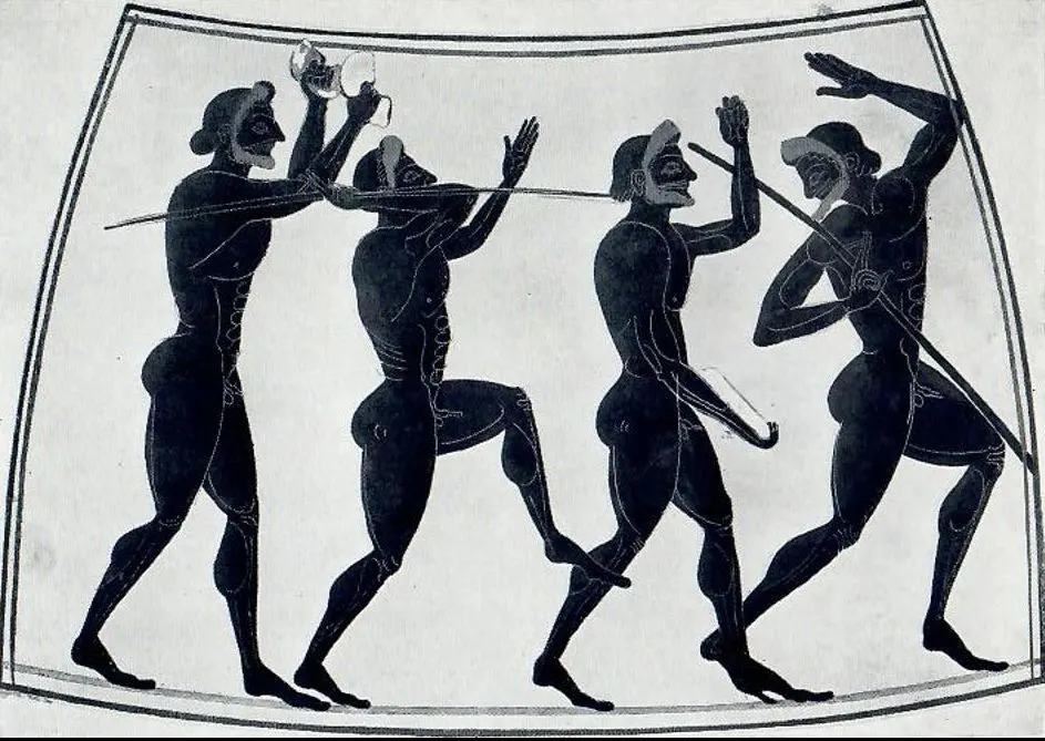 Ancient Greek pentathlon scene showing two javelin throwers, one preparing to throw and the other demonstrating grip technique using the amentum.