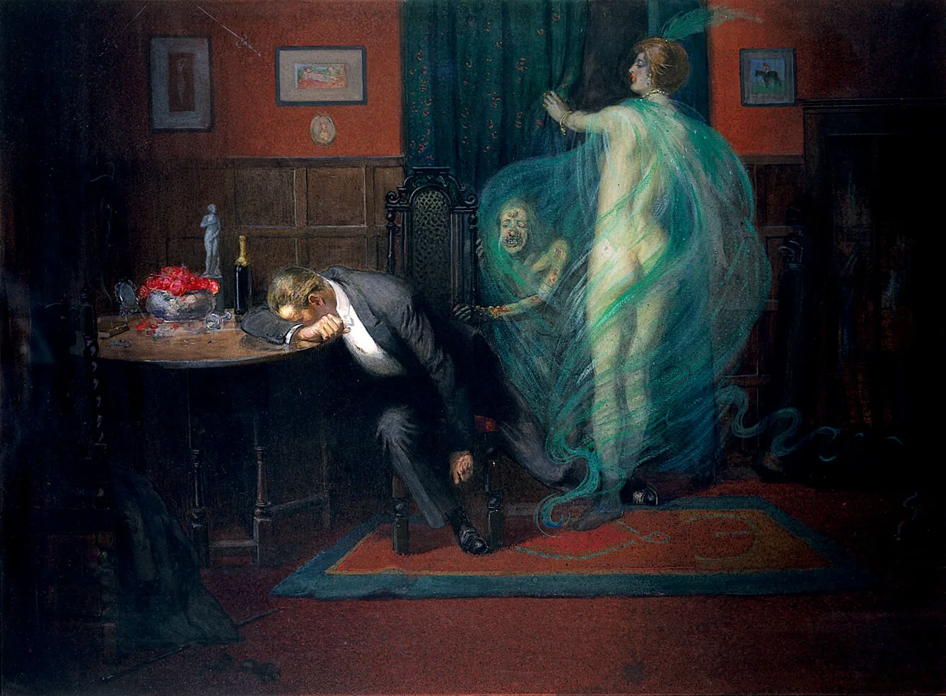 A 1912 gouache painting of syphilis by Richard Tennant Cooper, blending medical illustration with symbolic imagery.