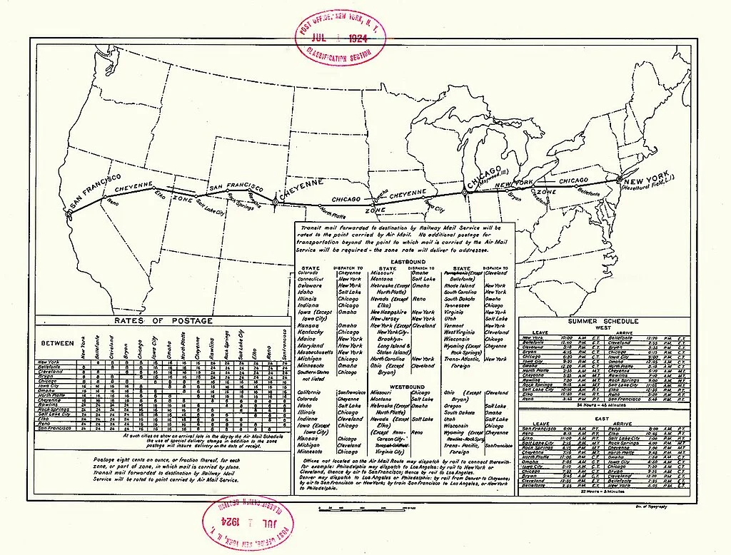This 1924 map from the U.S. Post Office Department shows the first transcontinental airmail route with both day and night flying across the country. The service officially launched on July 1, 1924.