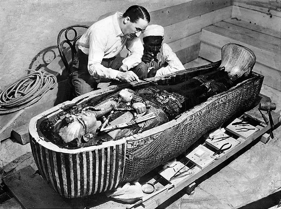 Howard Carter opens the innermost shrine of King Tutankhamun’s tomb in 1925, three years after his team first uncovered the steps near Luxor