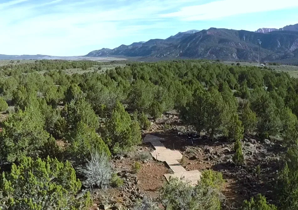An aerial view of the Black Ridge cement navigation arrow shows its original shape still intact. The photo was taken in early 2015, facing north-northeast.