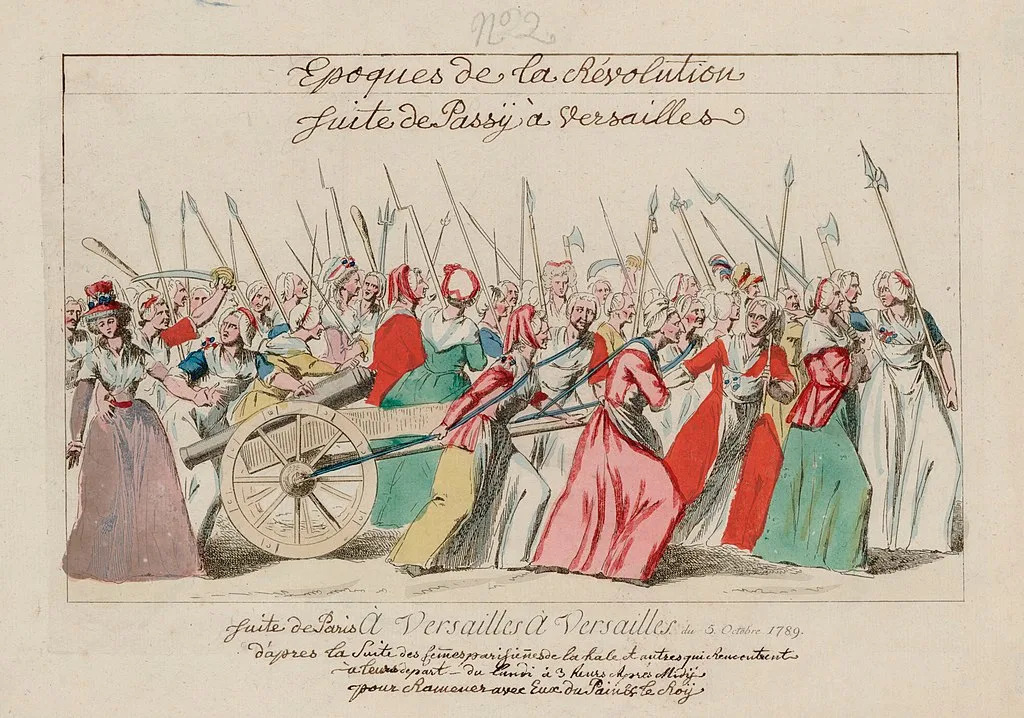 This 18th-century illustration shows the Women’s March on Versailles in October 1789, when desperate Parisian women stormed the palace demanding bread for their families.