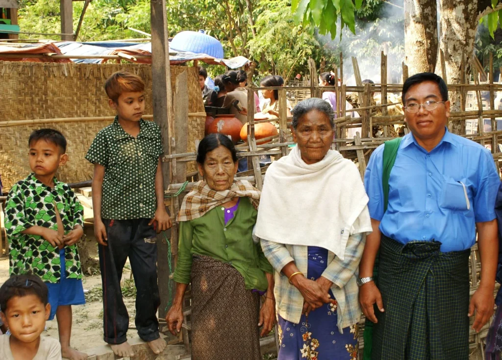 In a village near the Lemro River in Myanmar’s Chin State, two older women pose with traditional spider web style facial tattoos. The practice once helped protect Chin girls from being taken by rival tribes.