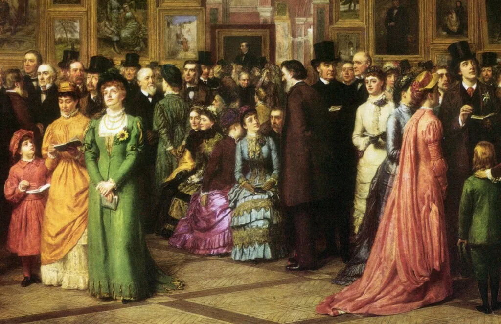 William Powell Frith’s 1883 painting A Private View at the Royal Academy, 1881 captured the fashionable elite of Victorian London, including Oscar Wilde, Lillie Langtry, and Ellen Terry.