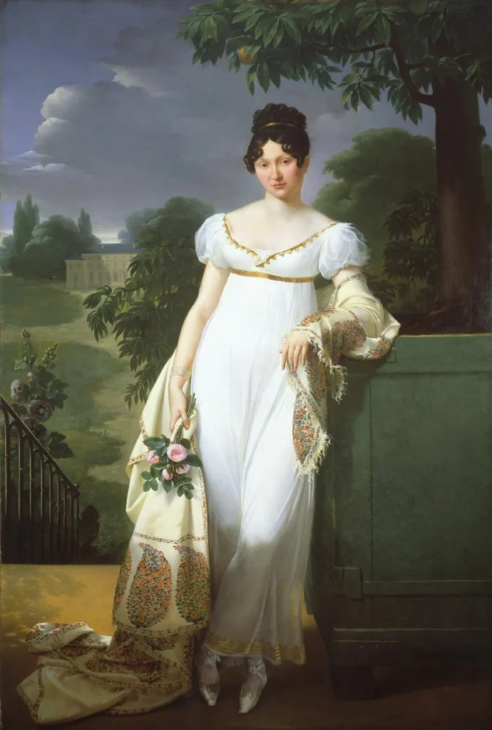 This 1808 portrait by Merry-Joseph Blondel depicts Félicité-Louise-Julie-Constance de Durfort, Maréchale de Beurnonville.