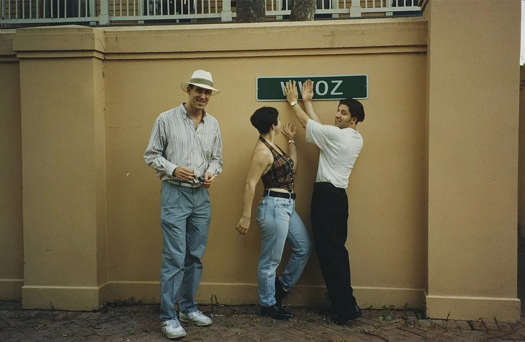 In New Orleans, 1995, members of The Flying Neutrinos—Dan Levinson, Ingrid Lucia, and Dave Berger—posed outside WWOZ’s Armstrong Park studios.