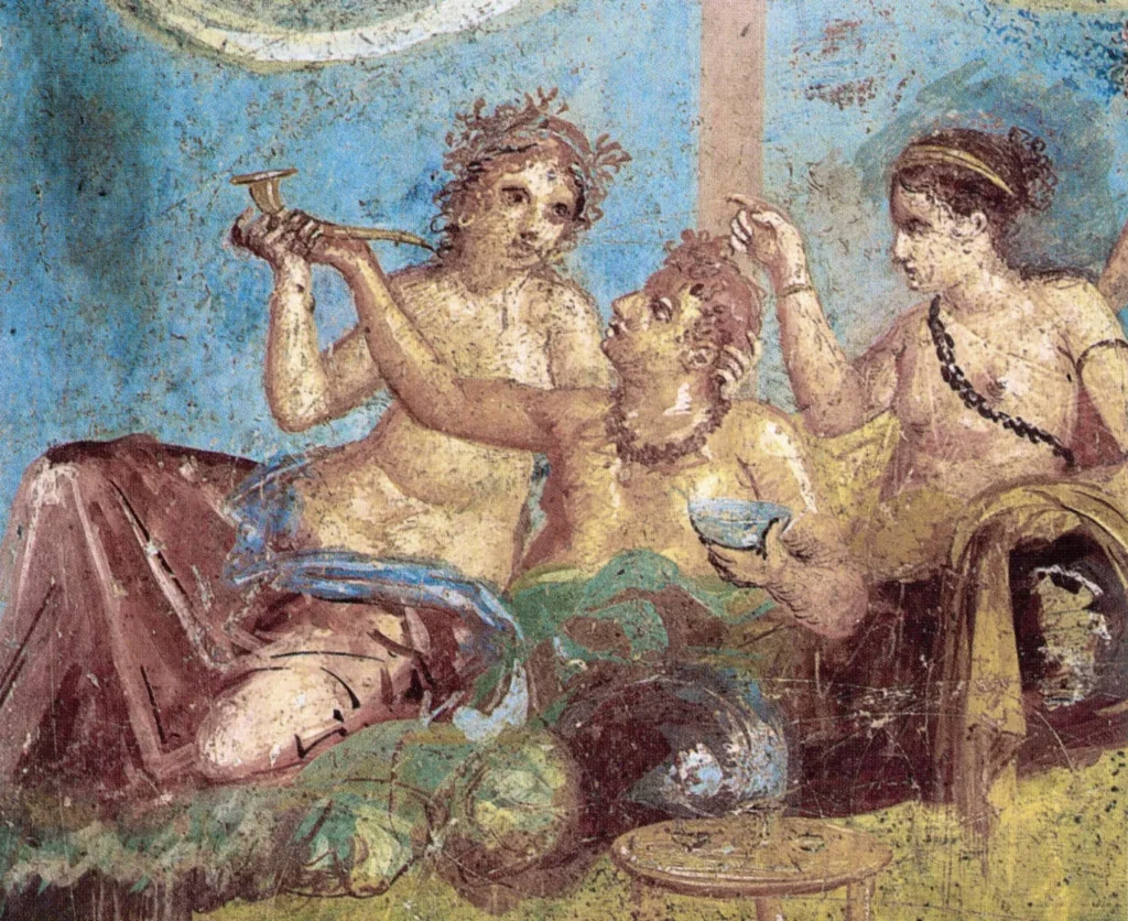 This Roman fresco shows a banquet scene and was found in the Casa dei Casti Amanti in Pompeii.