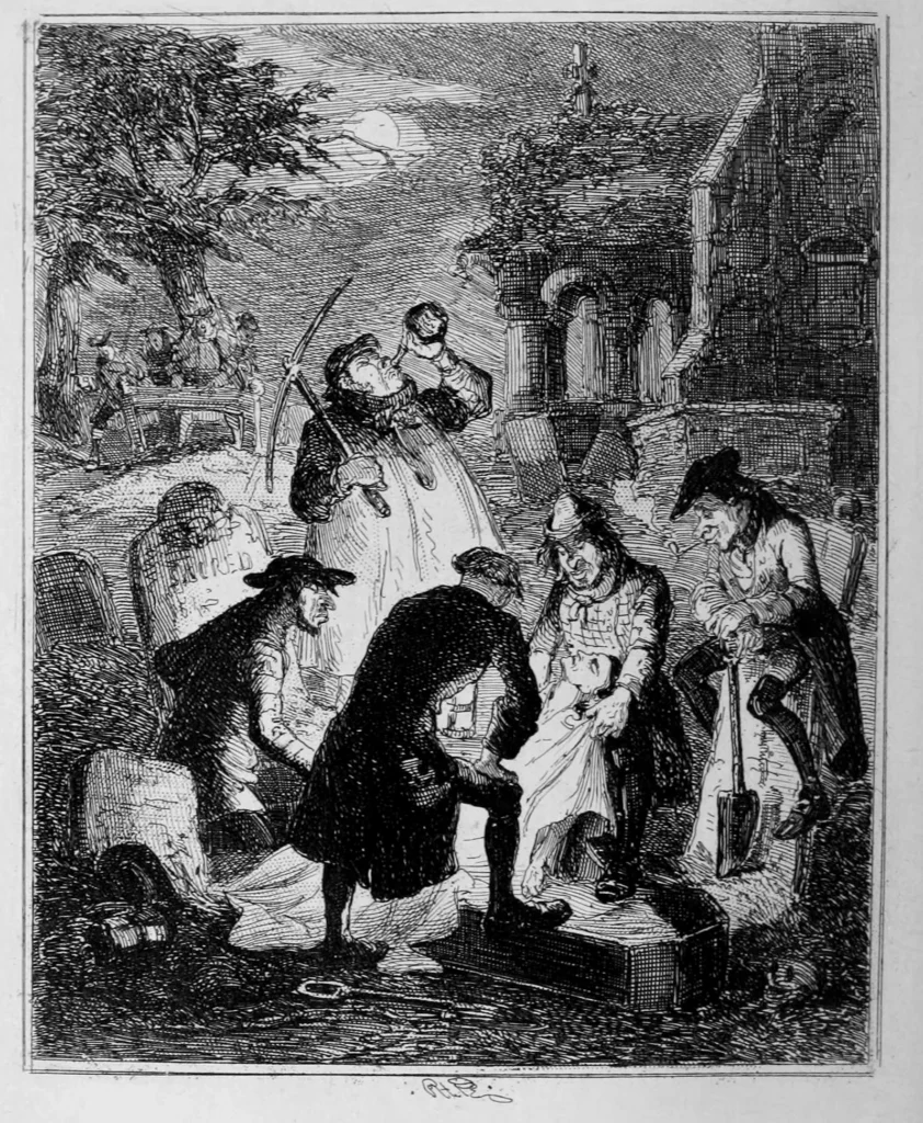 This 1887 illustration shows resurrectionists digging up graves under cover of night. It accompanied the story of John Holmes and Peter Williams, who were whipped for body snatching.