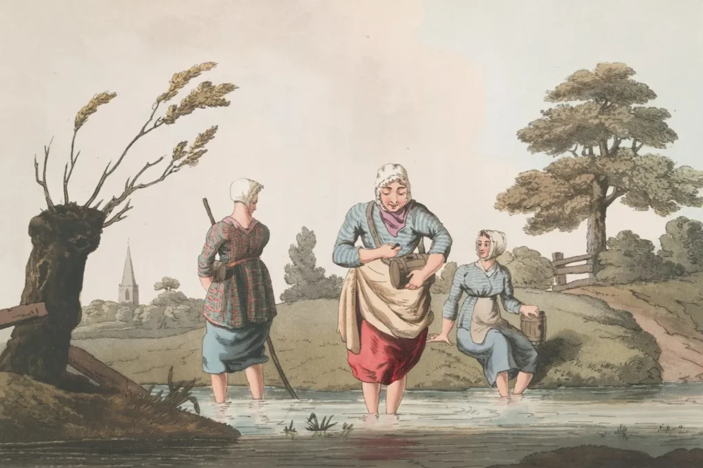 This 1814 illustration shows leech finders wading through ponds to collect medicinal leeches, a common practice in 19th-century England.
