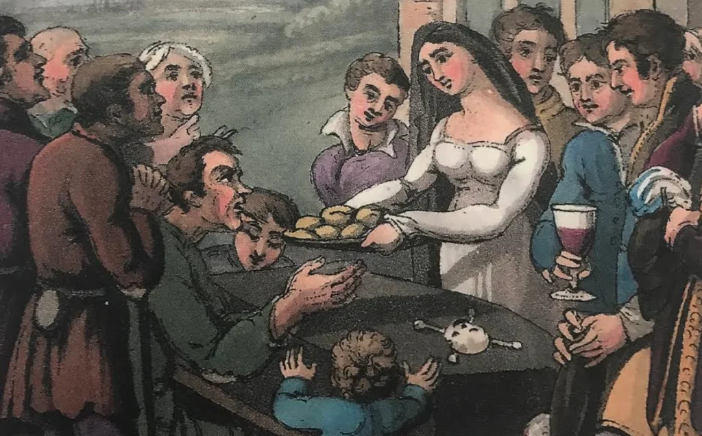 A Welsh funeral in 1814 shows the tradition of passing food across the body of the deceased, a symbolic gesture meant to honor the dead.