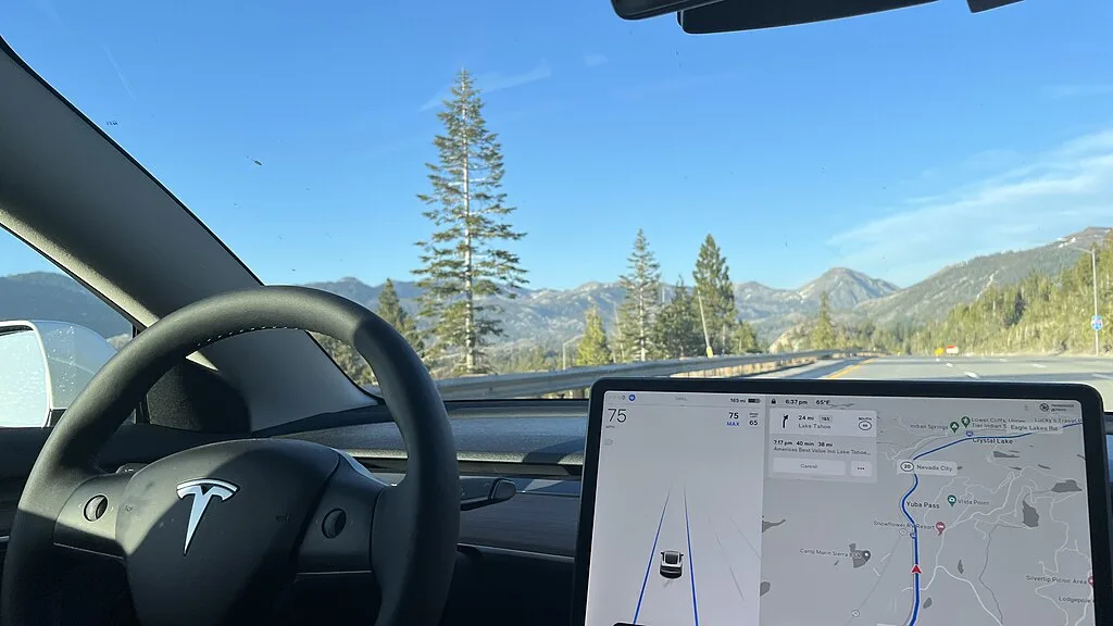 Tesla Autopilot engaged on Interstate 80 near Lake Tahoe, captured in April 2022.