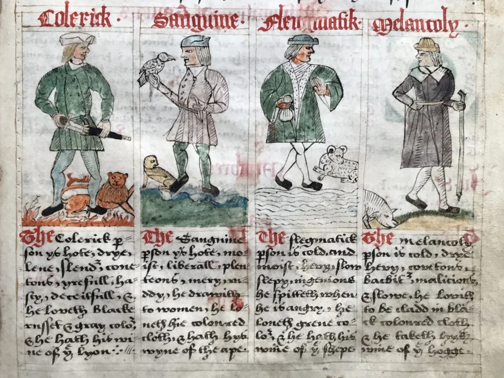 This 1553 manuscript illustration shows the four temperaments of humoral medicine as understood in early modern England. Sanguine, phlegmatic, choleric, and melancholic were believed to shape both body and character. 
