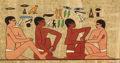 This wall painting from the tomb of Ankhmahor in Saqqara, dated to around 2330 B.C., shows what some believe to be an early form of reflexology. The tomb is often called the 'Physician’s Tomb' due to its health-related imagery. 