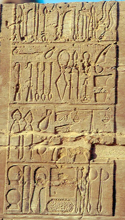 This ancient Egyptian inscription lists early medical tools like bone saws, scalpels, retractors, and dental instruments.