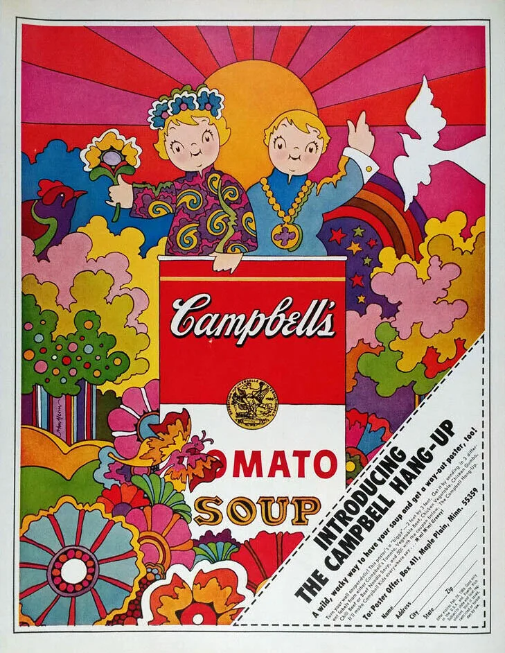 A psychedelic Campbell’s advertisement created by artist John Alcorn appeared in 1968, reflecting the bold, colorful design trends of the era.