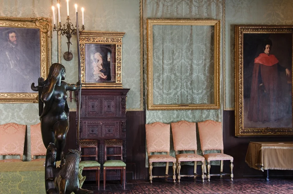 An empty frame marks the spot where The Storm on the Sea of Galilee once hung before it was stolen from the Isabella Stewart Gardner Museum in 1990.