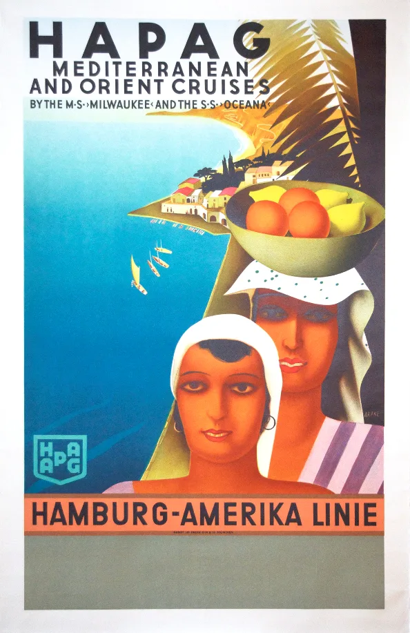 This 1931 HAPAG poster for Mediterranean and Orient cruises was created by German artist Otto Arpke, whose style was shifting from Art Deco toward Neue Sachlichkeit at the time.