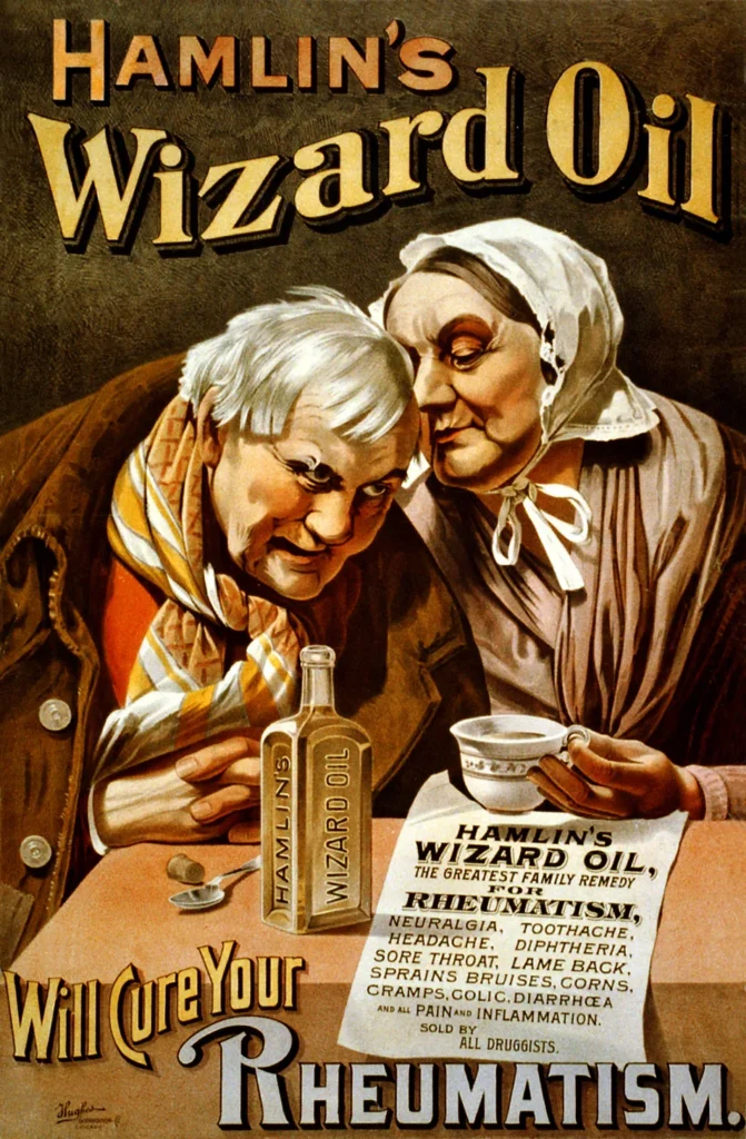 An 1890 chromolithograph advertised Hamlin’s Wizard Oil as a cure for everything from rheumatism and sore throats to cramps and bruises.