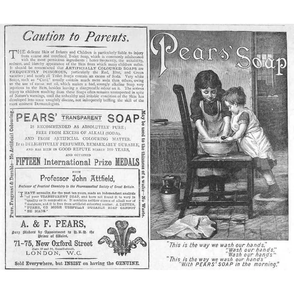 An 1888 advertisement for Pears Soap was adapted from James Hayllar’s 1887 painting Soap Suds, blending fine art with early commercial branding.