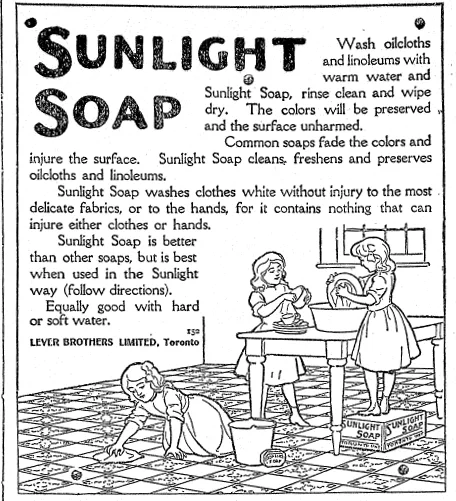 A 1906 Sunlight Soap advertisement from a Southern Ontario newspaper shows how brands promoted everyday household goods with bold claims and striking designs.