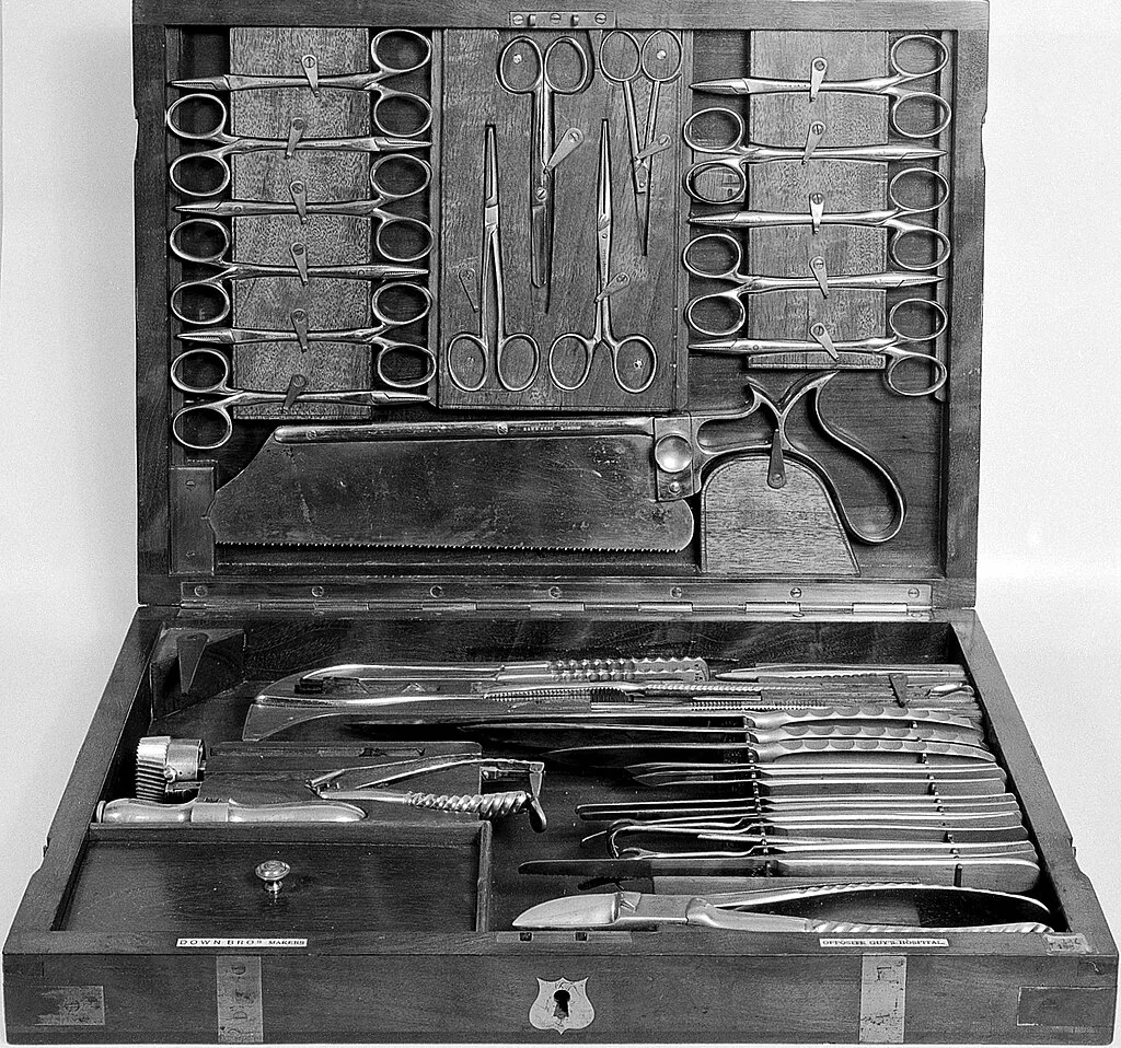 This surgical kit by Down Brothers shows the precision tools used in early operating rooms.