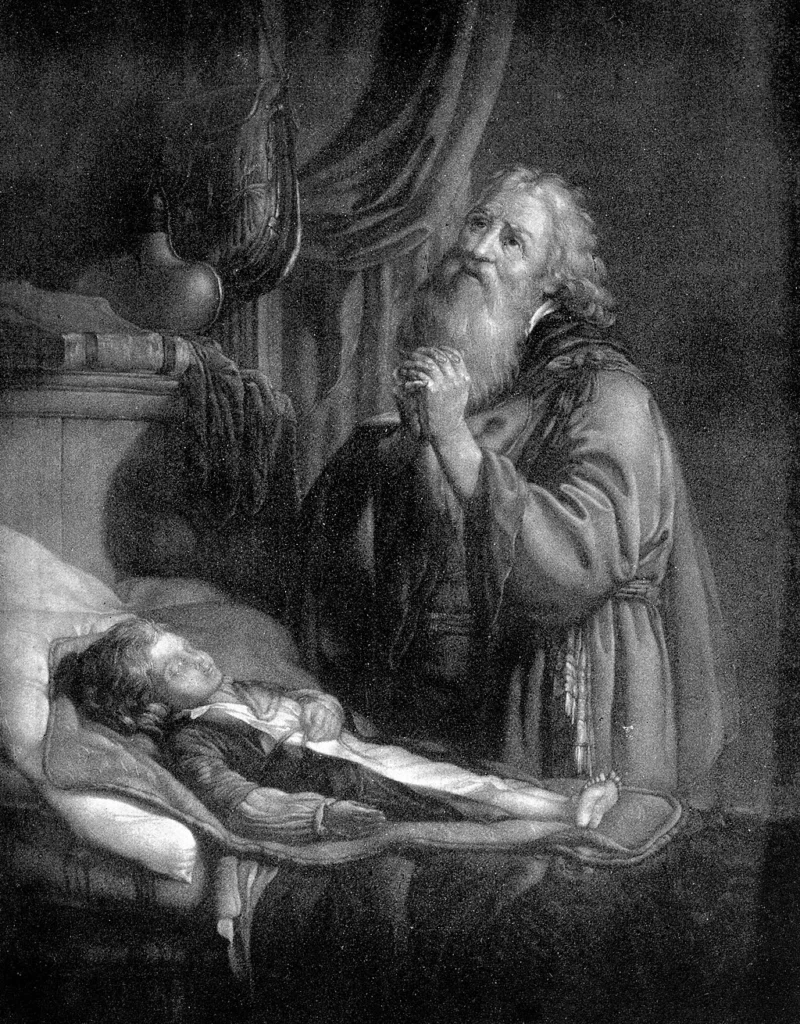 An engraving of the biblical prophet Elias healing the widow’s son, a scene often associated with early depictions of faith healing and divine intervention. 