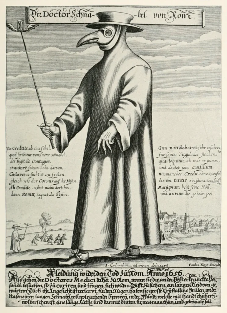 This 17th-century copper engraving shows Doctor Schnabel, a plague doctor in Rome, wearing the iconic beaked mask.