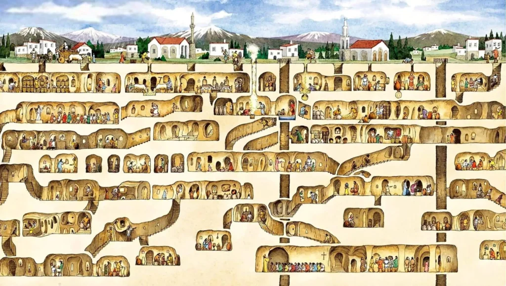 This graphic illustration shows the layout of Derinkuyu, the ancient underground city carved deep beneath the surface of Turkey’s Cappadocia region.