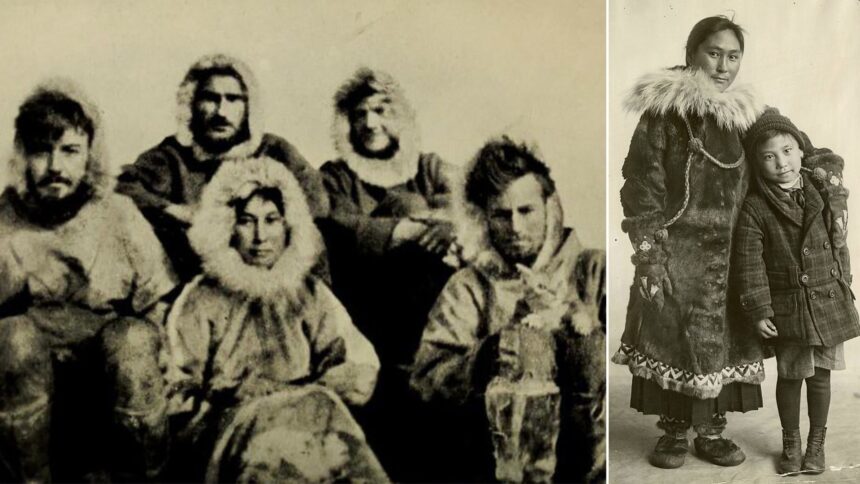 Ada Blackjack with Wrangel Island expedition team in 1921 and with her son Bennett in 1923