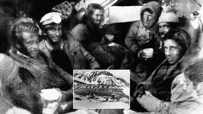 1972 Andes plane crash survivors of Uruguayan Air Force Flight 571 inside the fuselage with inset photo of the crashed aircraft in the mountains.