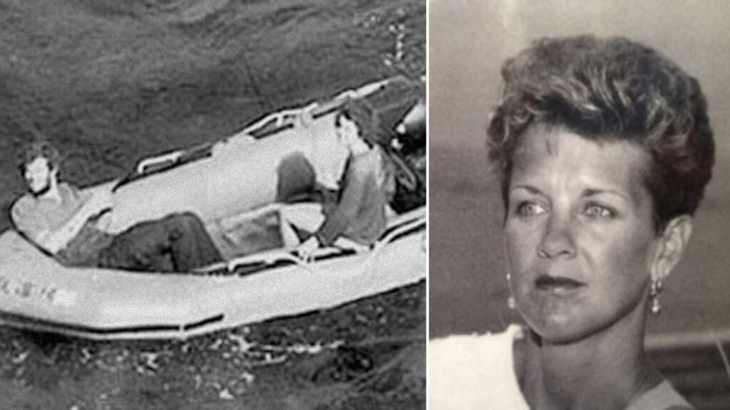 Composite image of Deborah Scaling Kiley, including a portrait and an aerial photo of her with Brad Cavanagh in a life raft after the Trashman shipwreck.