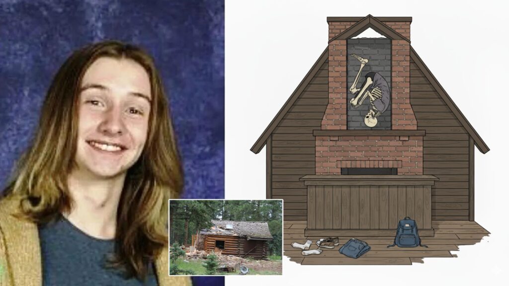 Joshua Maddux with a chimney body position illustration and the abandoned cabin near his home