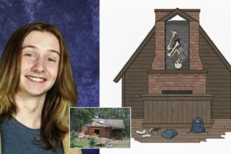 Joshua Maddux with a chimney body position illustration and the abandoned cabin near his home