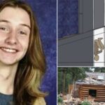 Joshua Maddux with a chimney body position illustration and the abandoned cabin near his home