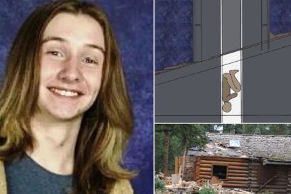 Joshua Maddux with a chimney body position illustration and the abandoned cabin near his home
