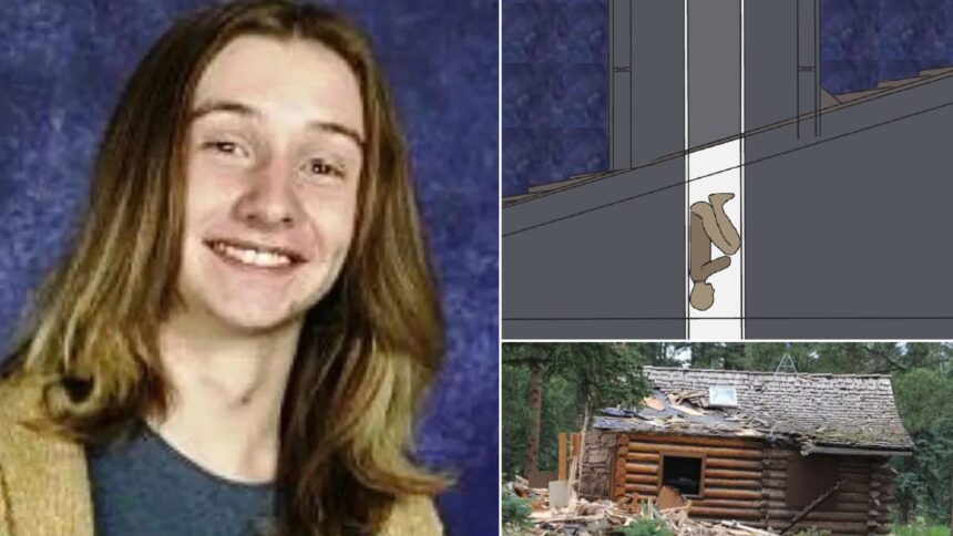 Joshua Maddux with a chimney body position illustration and the abandoned cabin near his home