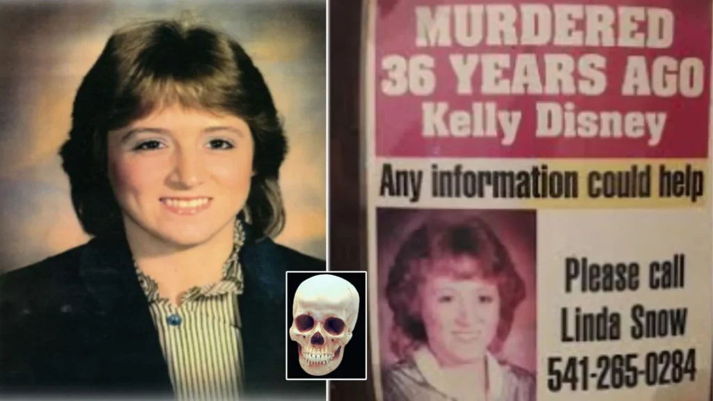 Kelly Lynn Disney composite image showing her portrait, missing poster, and a skull symbolizing the discovery of her remains near Big Creek Reservoir in Newport, Oregon.