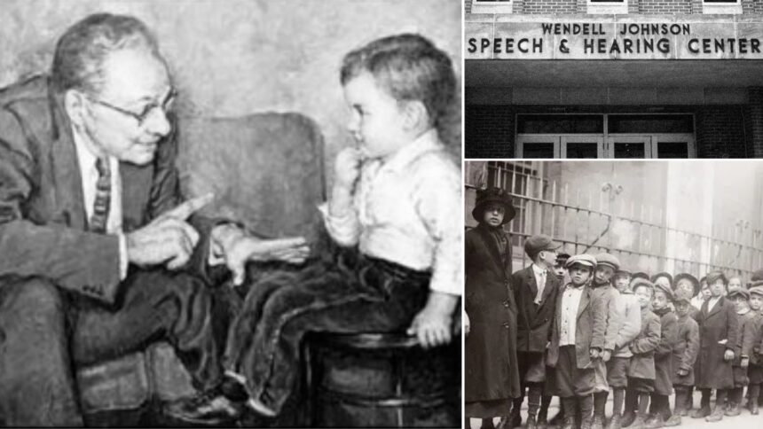 Monster Study 1939 composite showing Mary Tudor with orphans, Wendell Johnson Speech and Hearing Center, and Cloy Kent portrait of Wendell Johnson and child at the University of Iowa stuttering experiment.