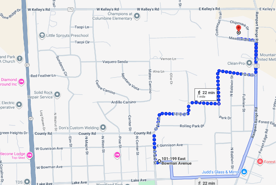 Screengrab of a map with directions highlighted from Joshua Maddux’s home on Eastridge Drive to the Meadowlark Lane cabin in Woodland Park, Colorado.