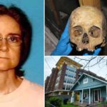 Composite of Mary Stewart Cerruti, her Houston Heights house, and forensic photos of her skull and skeleton discovered inside the walls.