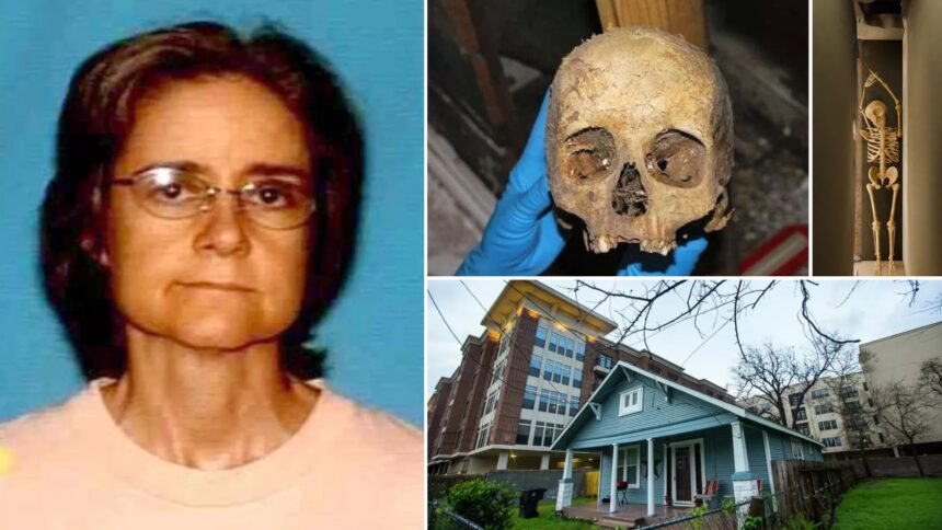 Composite of Mary Stewart Cerruti, her Houston Heights house, and forensic photos of her skull and skeleton discovered inside the walls.