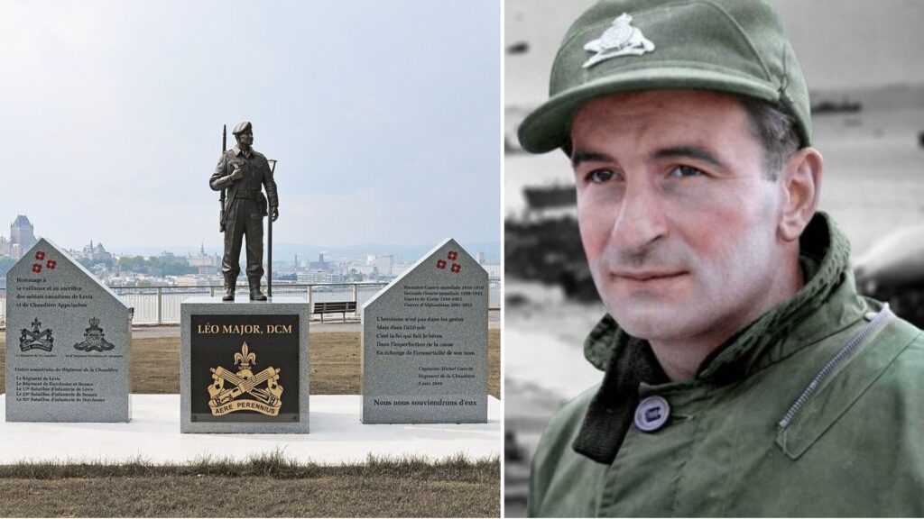 Colorised Léo Major with Lévis monument honoring Zwolle liberator.