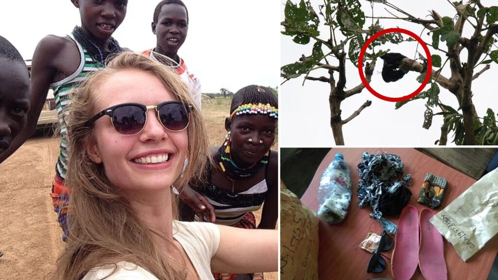 Composite photo of Sophia Koetsier, the Dutch medical student who vanished in Uganda, alongside images of her recovered clothing and items found near the Nile.