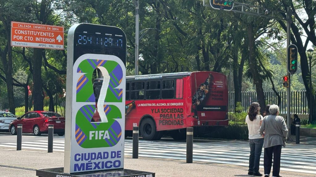 2026 FIFA World Cup countdown clock on Paseo de la Reforma in Mexico City as ticket price controversy grows