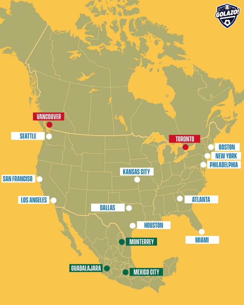 Map showing all host cities for the 2026 FIFA World Cup across the United States, Canada, and Mexico