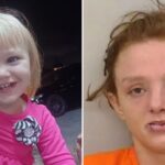 Split image showing toddler Acelynn Moss smiling in a pink top and a booking photo of Kristin Bass in an orange jail uniform.